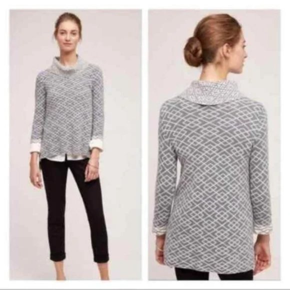 Anthropologie Moth Blue White Geometric Print Galena Cowl Neck Sweater - Picture 6 of 11